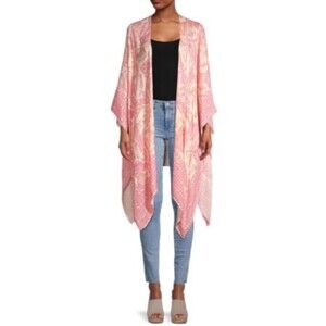 Saachi Woodblock Print Kimono Pink White One Size Cover Up Feminine